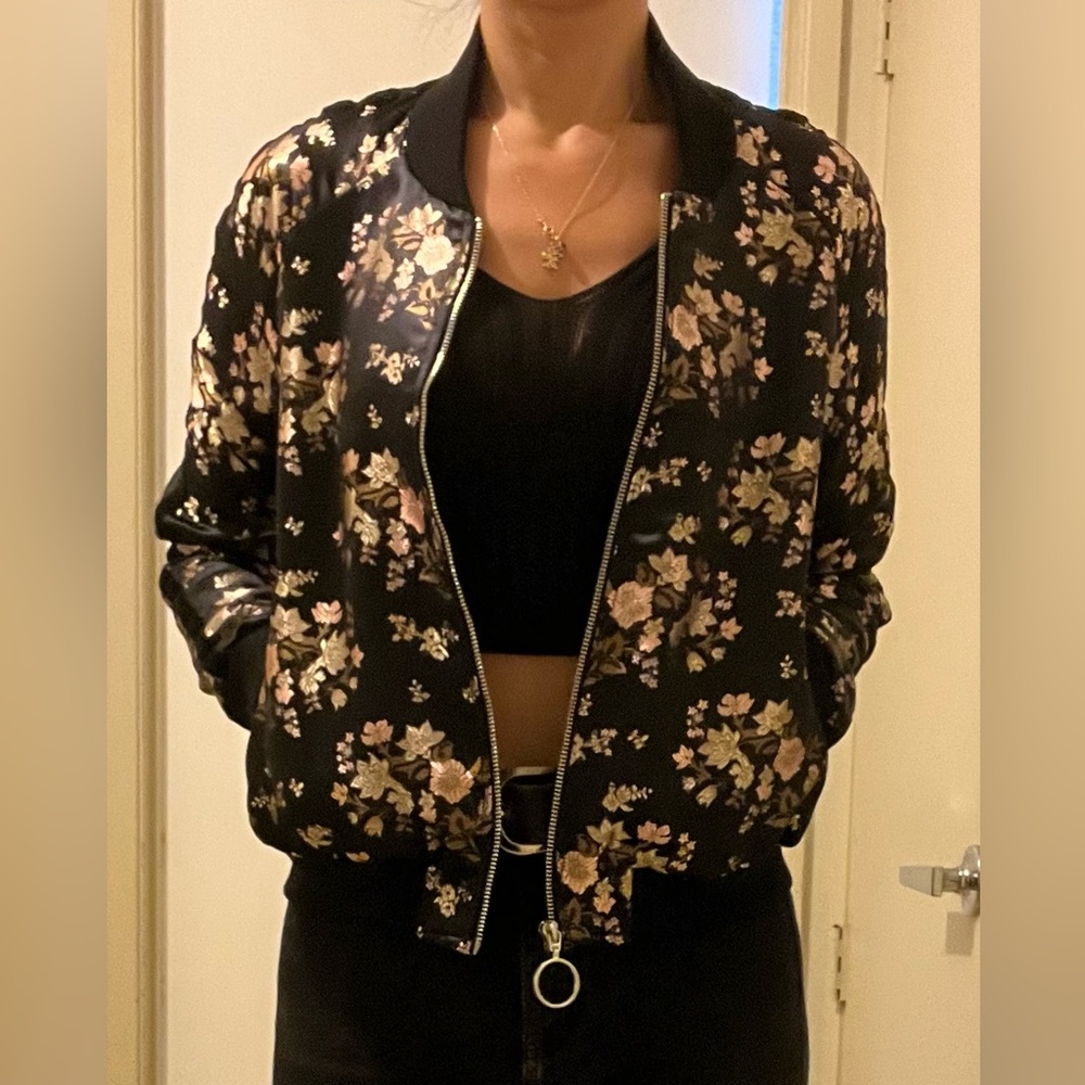 Emory Park Black and Pink Bomber Jacket with Ribbed Cuffs